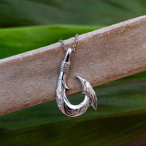 engraved fish hook Sterling Silver Fish Hook Pendant Hand Engraved with Hawaiian Scroll Design
