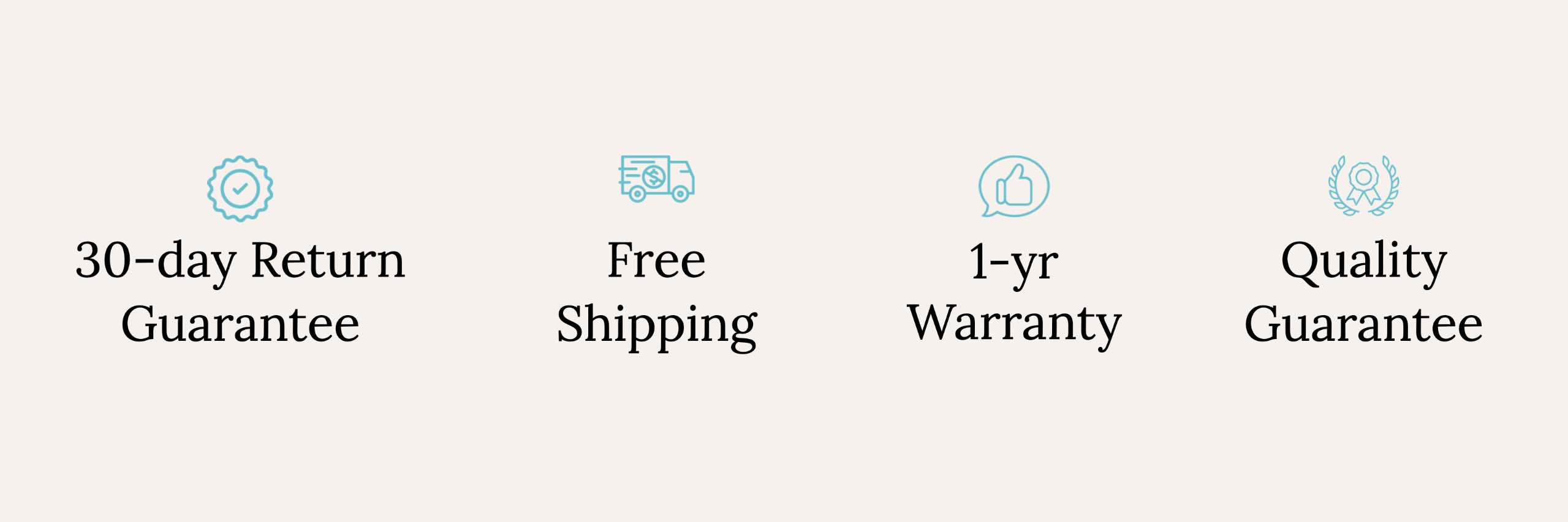 Guarantee banner about returns, free shipping, warranty and quality of the product