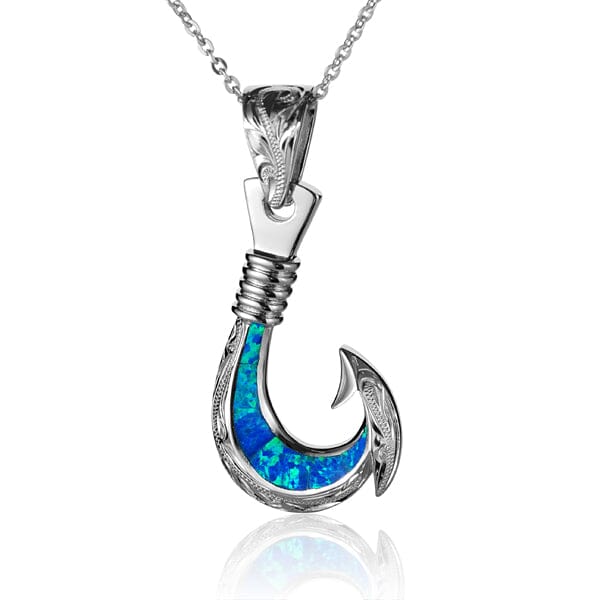 Paradise Blue Sustainable Opal Fish Hook Pendant with Engraving