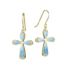 The picture shows a pair of 14K yellow gold larimar cross hook earrings with diamonds.