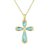 The picture shows a 14K yellow gold larimar cross pendant with diamonds.