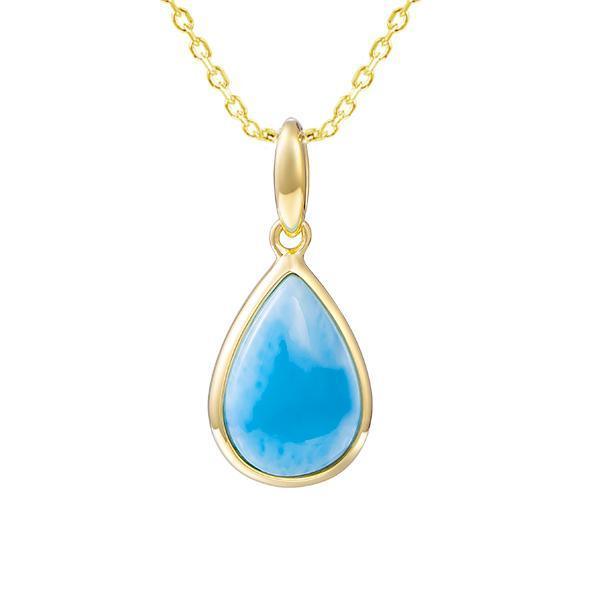 The photo shows a 14K yellow gold larimar teardrop pendant.