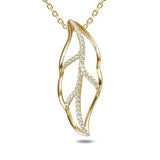 In this photo there is a yellow gold maile leaf pendant lined with diamonds.
