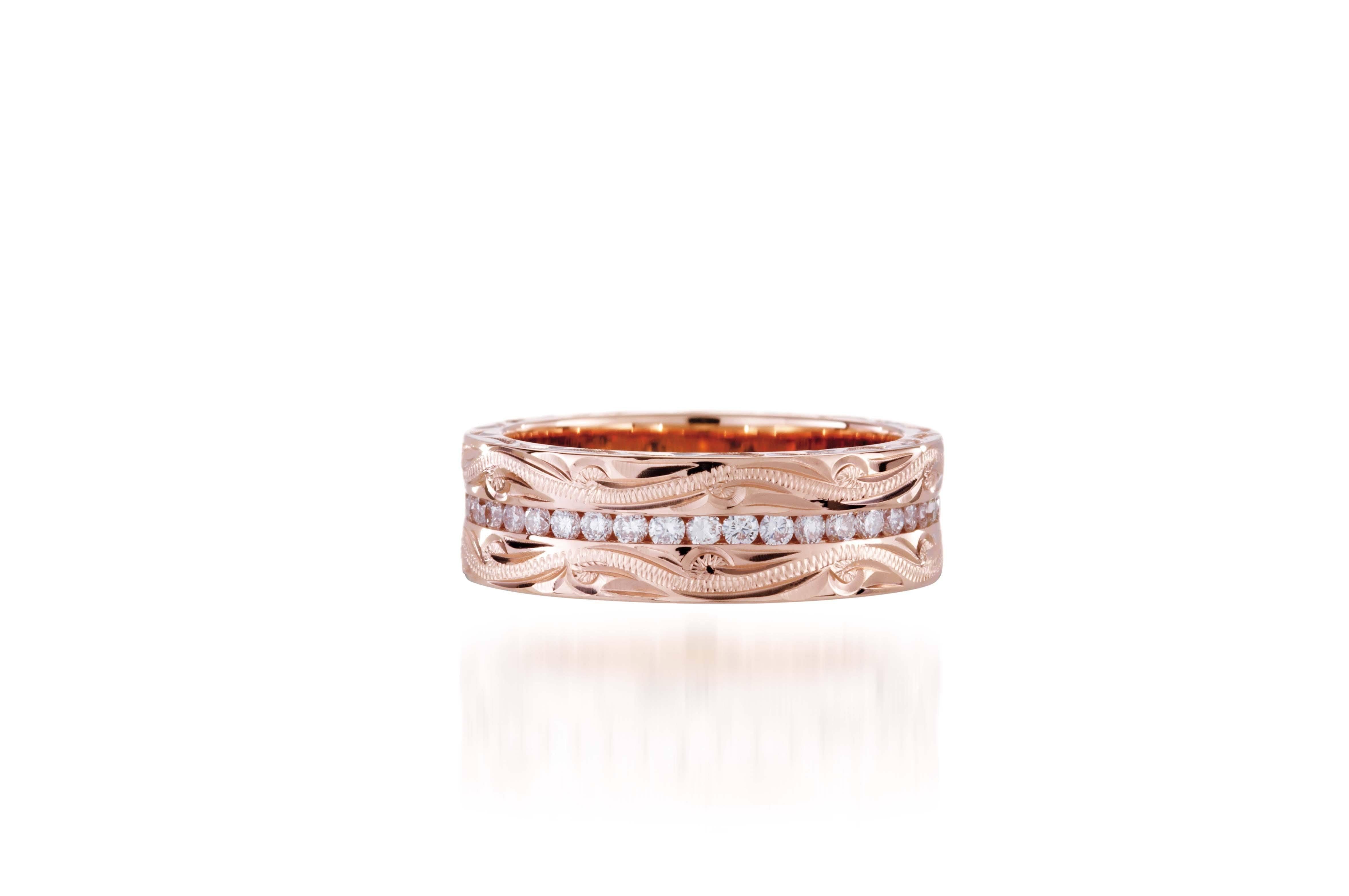 The picture shows a 14K rose gold diamond channel 6mm ring.