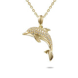 The picture shows a 14K yellow gold dolphin pendant with diamonds.