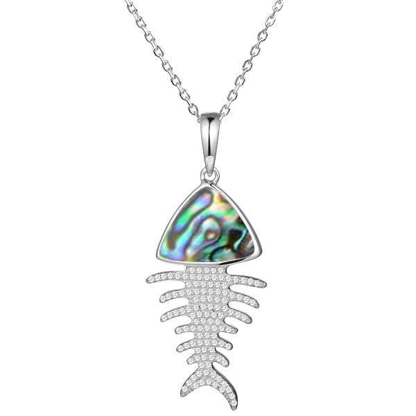 Sterling silver Fishbone Pendant featuring abalone, and white topaz.