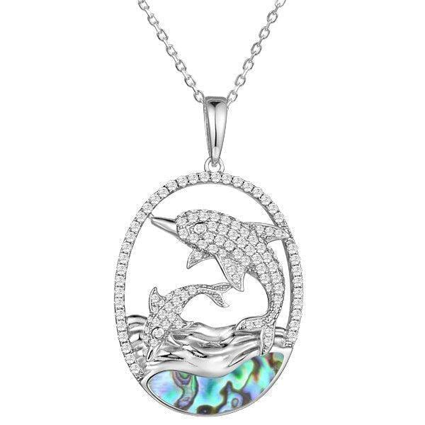 Abalone, Sterling silver, and white topaz pendant designed as two dolphins jumping out of the abalone water.