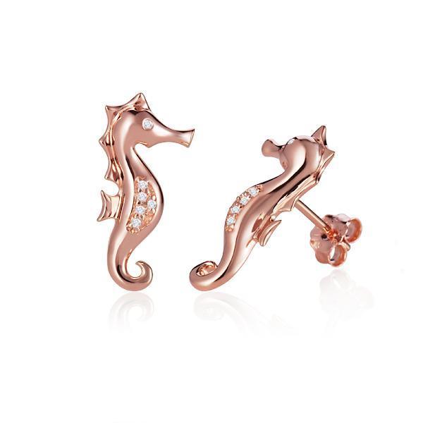 The picture shows a pair of 14K rose gold seahorse stud earrings with diamonds.