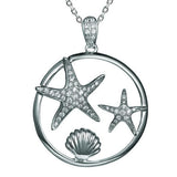 The picture shows a 925 sterling silver, white gold plated, two starfish circle pendant with topaz.