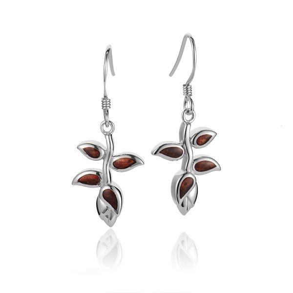 Pair of 925 Sterling  Koa wood heliconia flower hook earrings.