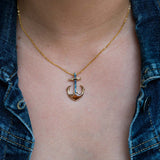 14k Gold Anchor pendant, with Koa Wood and blue  sapphire. on a golden 16" to 18" cable chain.
