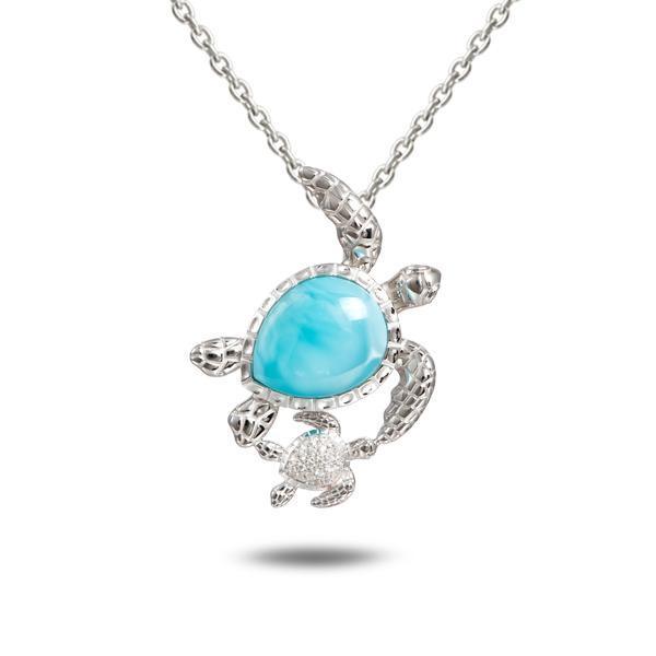 The picture shows a 925 sterling silver larimar sea turtle pendant.