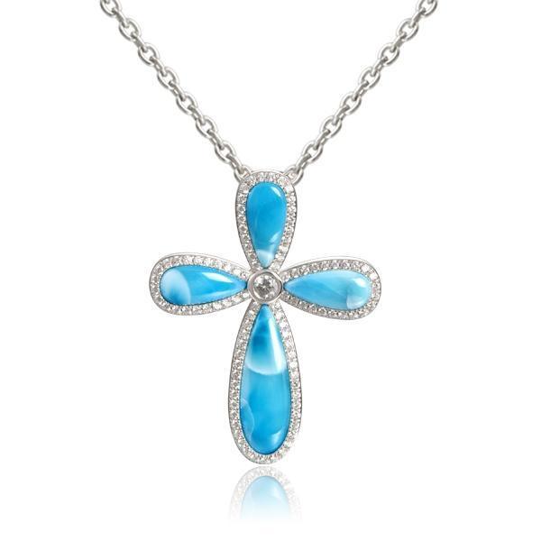 The picture shows a 925 sterling silver larimar cross pendant with topaz.