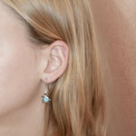 The picture shows a model wearing a 925 sterling silver larimar sea turtle hook earring.