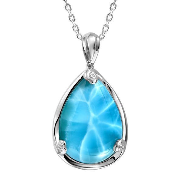 The picture shows a 925 sterling silver larimar teardrop pendant.