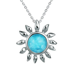 In this photo there is a sterling silver sunflower pendant with one blue larimar gemstone.