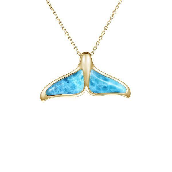 The picture shows a 14K yellow gold larimar whale tail pendant.