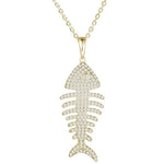 The picture shows a large 14K yellow gold fishbone pendant with diamonds