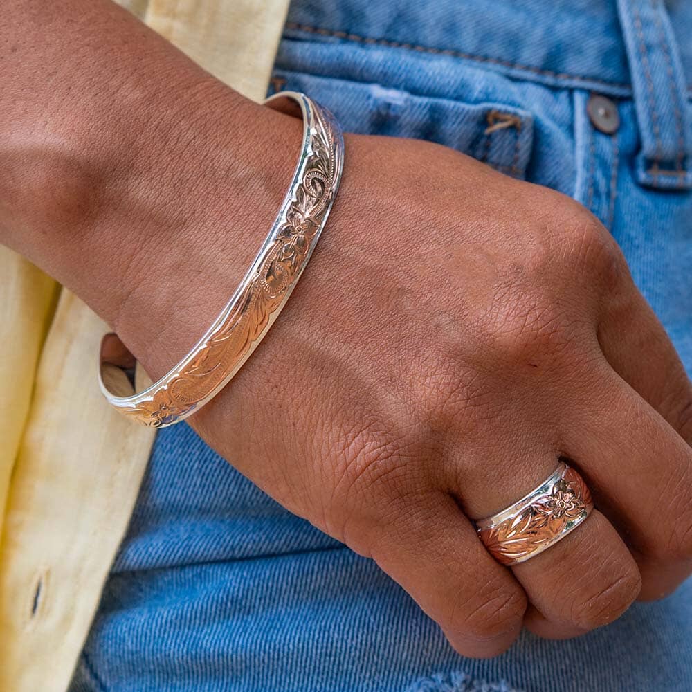 Two-Tone Engraved Plumeria Cuff Bangle Bangle Island by Koa Nani