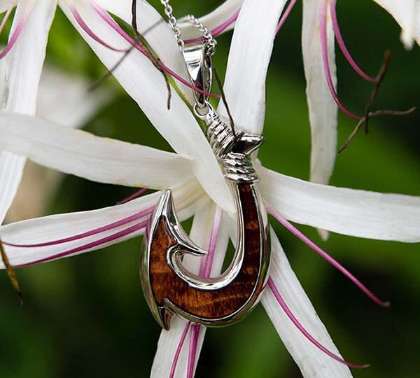 Koa Wood Ahi Fish Hook Reversible Pendant Pendant Island by Koa Nani Silver 