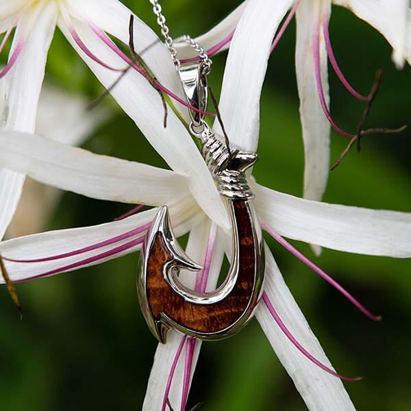 Koa Wood Ahi Fish Hook Reversible Pendant Pendant Island by Koa Nani Silver 