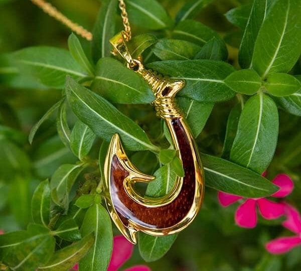 Koa Wood Ahi Fish Hook Reversible Pendant Pendant Island by Koa Nani Gold 