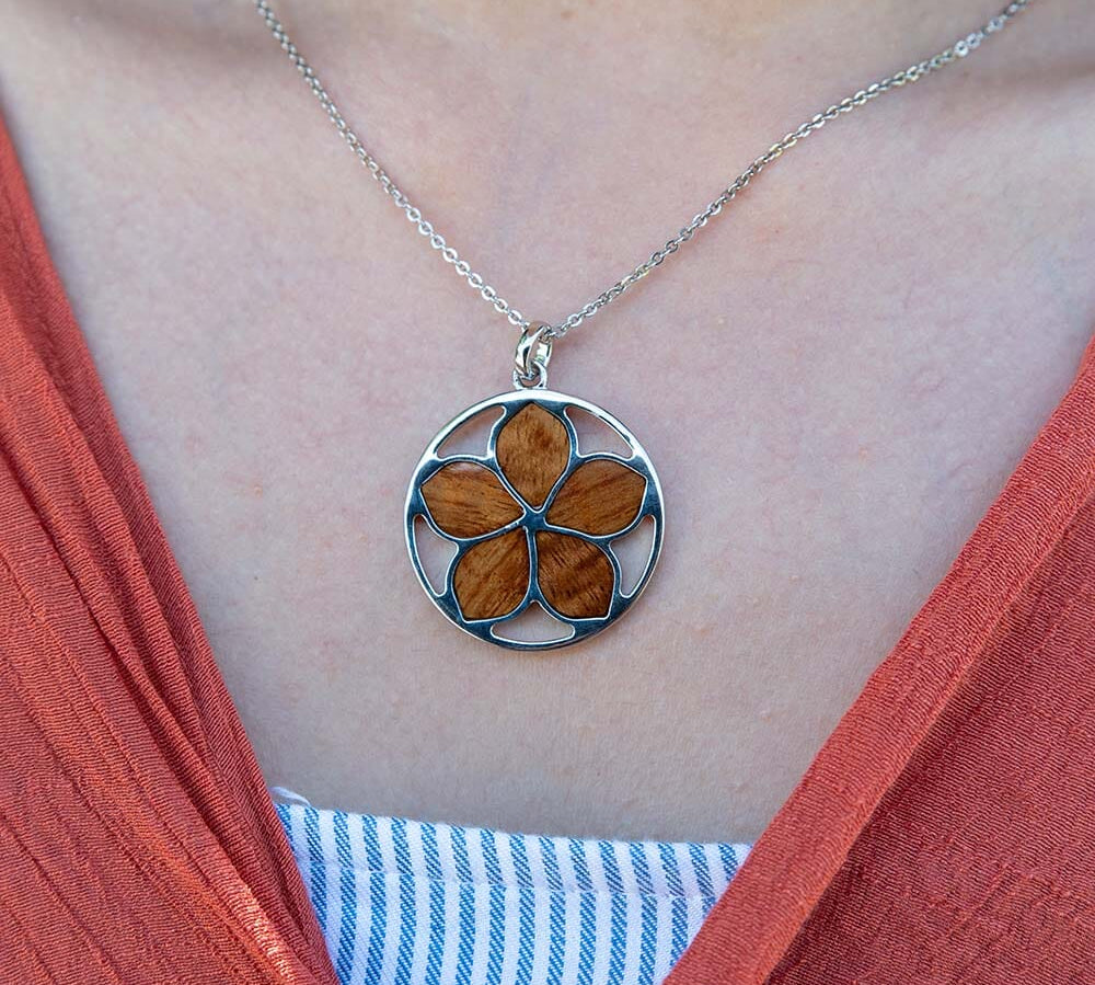 Koa Wood Aloha Plumeria Medallion Pendant Island by Koa Nani 
