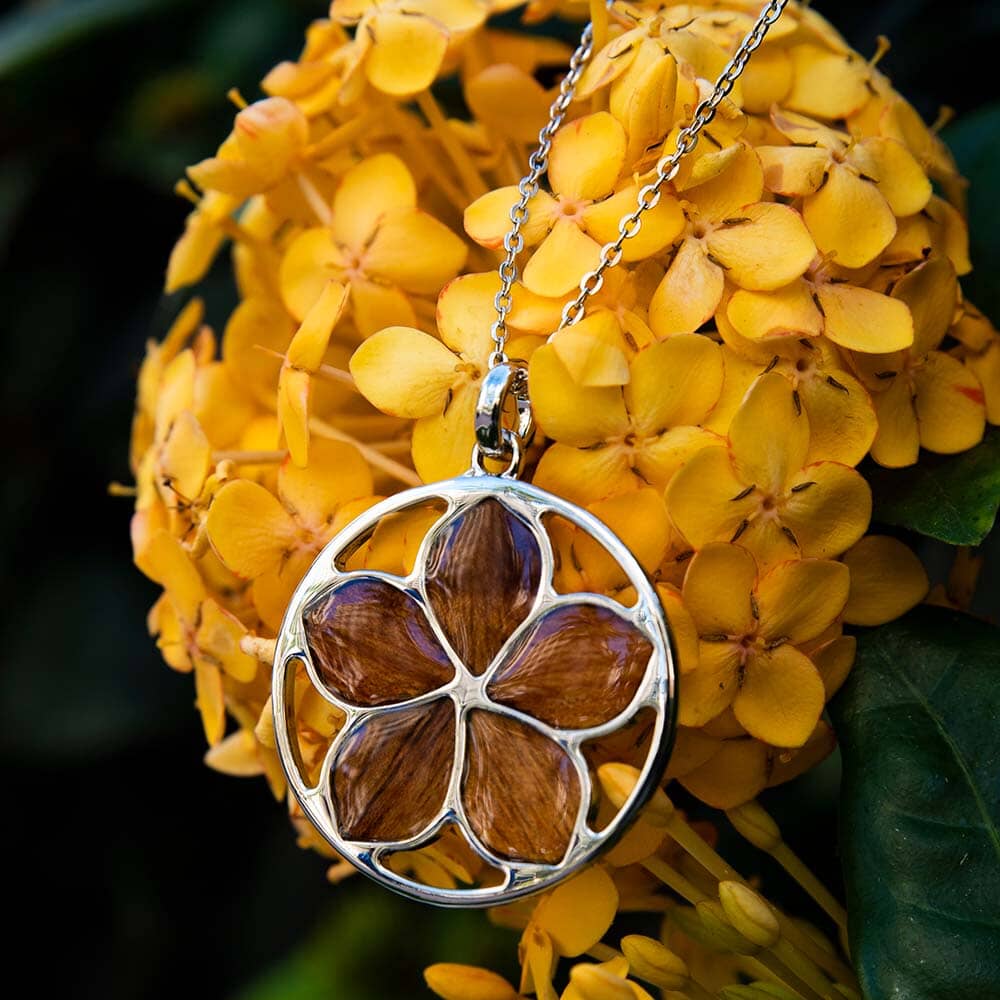 Koa Wood Aloha Plumeria Medallion Pendant Island by Koa Nani 