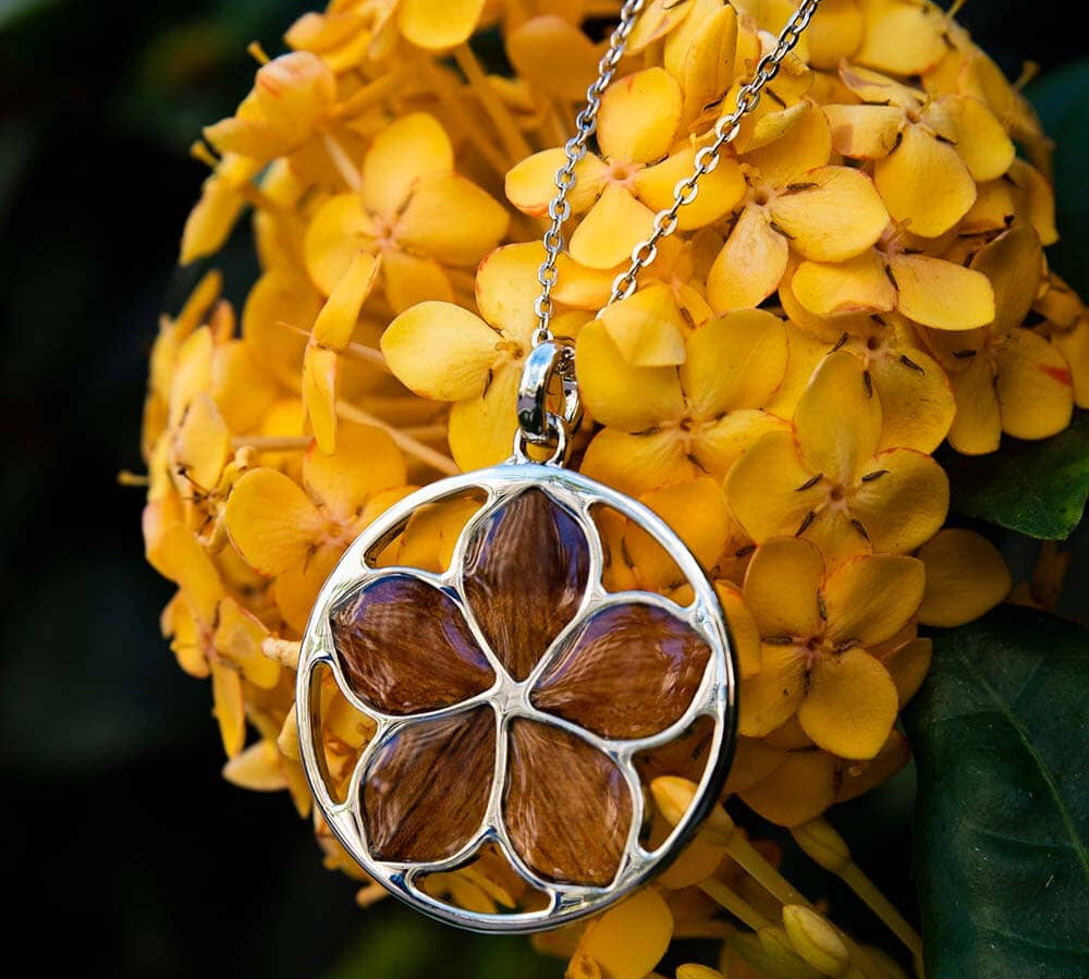 Koa Wood Aloha Plumeria Medallion Pendant Island by Koa Nani 
