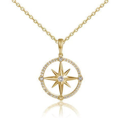 In this photo there is a yellow gold compass pendant with aquamarine and diamonds.