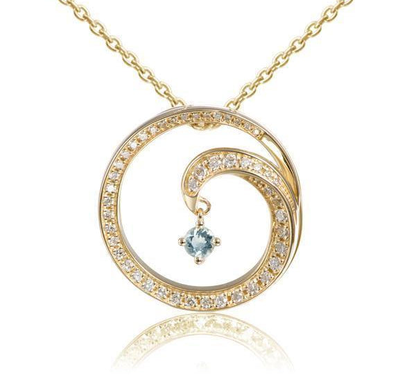 The picture shows a 14K yellow gold drop of water pendant with diamonds and aquamarine.