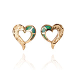 The picture shows a pair of 14K yellow gold hand-engraved Heart stud earrings with opal.