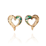 The picture shows a pair of 14K yellow gold hand-engraved Heart stud earrings with opal.