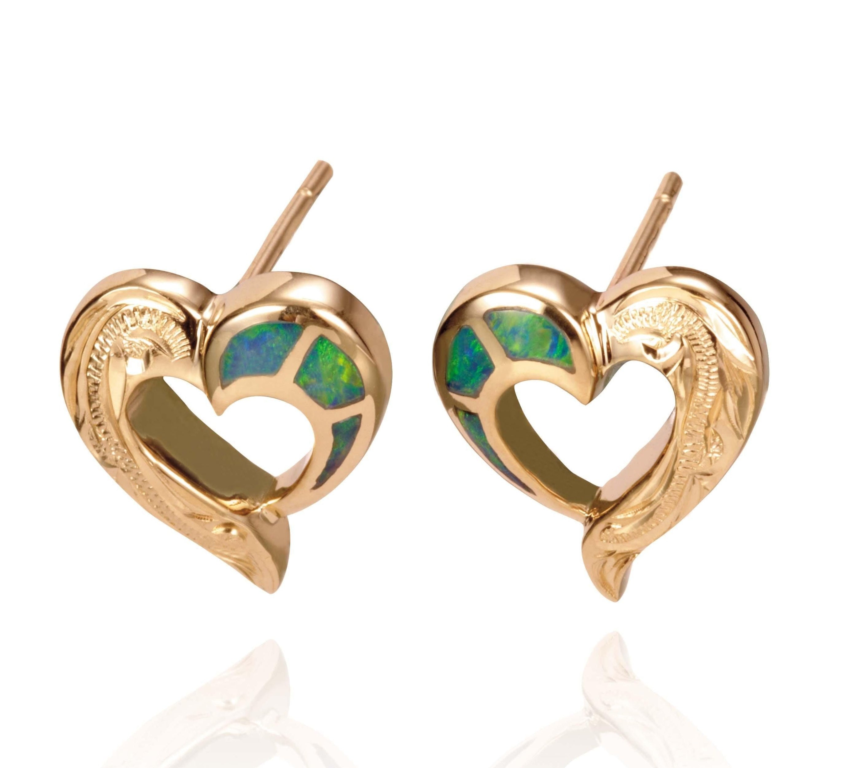 The picture shows a pair of 14K yellow gold hand-engraved stud heart earrings with opal.