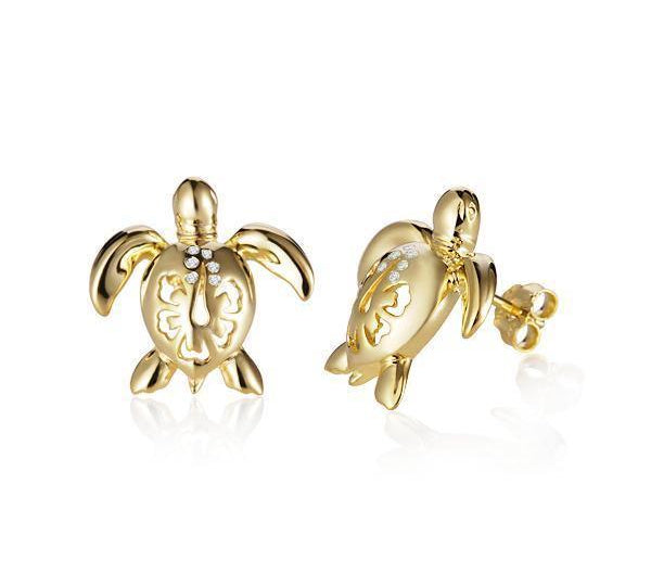 The picture shows a pair of 14K yellow gold sea turtle stud earrings with a hibiscus flower cut-out design and diamonds.
