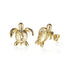 The picture shows a pair of 14K yellow gold sea turtle stud earrings with a hibiscus flower cut-out design and diamonds.