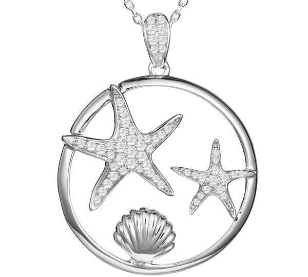 The picture shows a 14K white gold starfish and shell circle pendant with diamonds.
