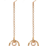The picture shows a pair of 14K yellow gold infinity scroll hook earrings with diamonds.