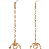 The picture shows a pair of 14K yellow gold infinity scroll hook earrings with diamonds.