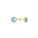 The picture shows a pair of 14K yellow gold larimar 8mm stud earrings.