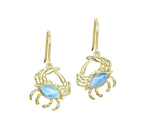 The picture shows a pair of 14K yellow gold larimar blue crab earrings.