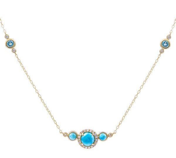 The picture shows a 14K yellow gold necklace with three larimar gemstones paired with diamonds and two aquamarine gemstones.