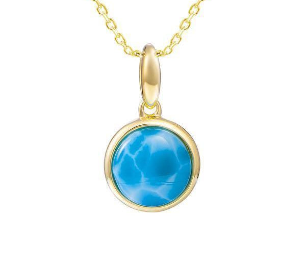The picture shows a 14K yellow gold larimar circle pendant.