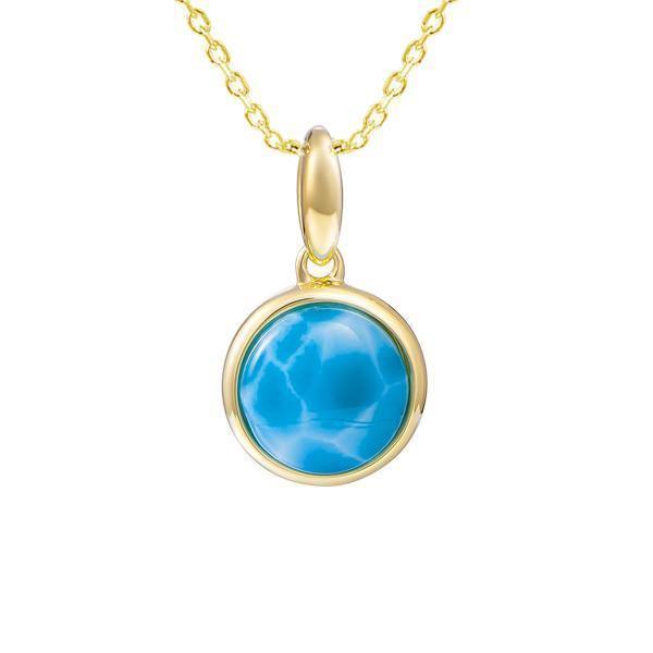 The picture shows a 14K yellow gold larimar circle pendant.