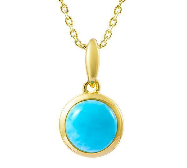 The picture shows a 14K yellow gold larimar circle pendant.
