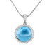 The picture shows a 14K white gold larimar circle pendant with diamonds.