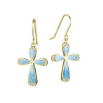 The picture shows a pair of 14K yellow gold larimar cross hook earrings with diamonds.