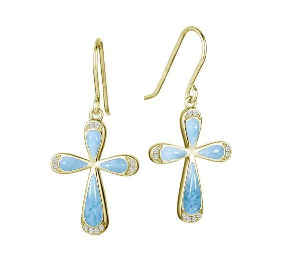The picture shows a pair of 14K yellow gold larimar cross hook earrings with diamonds.