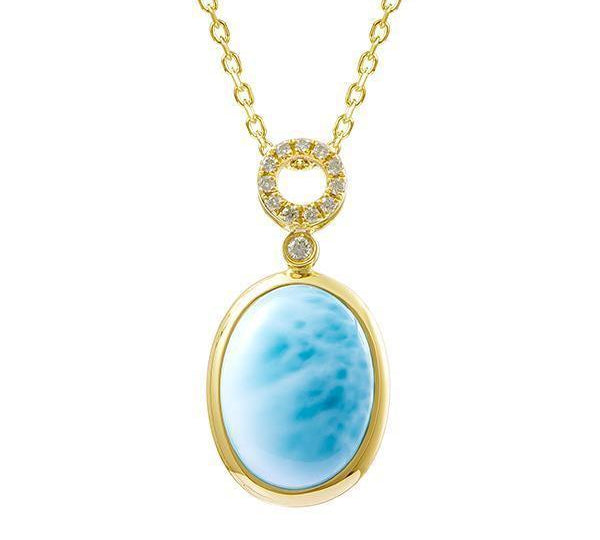 The photo shows a 14K yellow gold oval larimar pendant with diamonds above.
