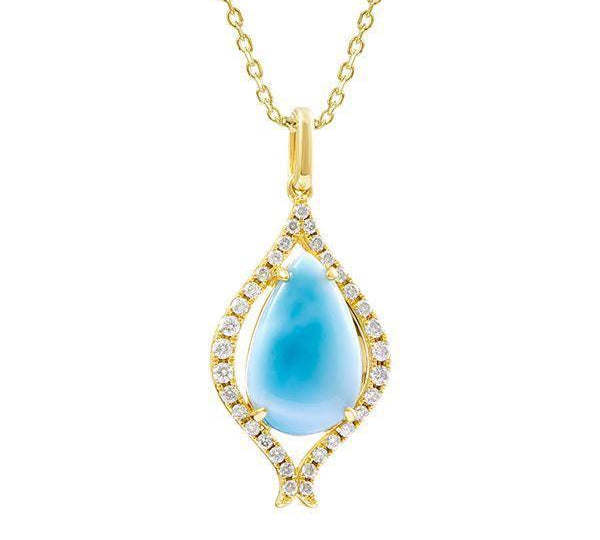 The photo shows a 14K yellow gold pendant with one larimar gemstone and diamonds.